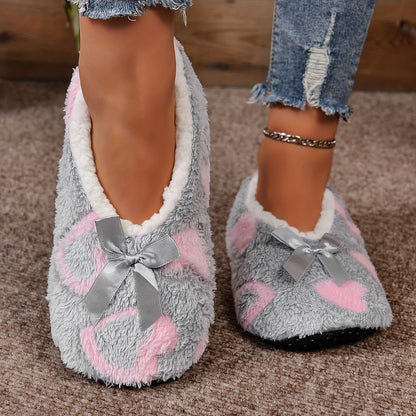 Cozy Heart Print Bowknot Slippers - Soft, Warm, and Plush Lined for Winter Bedroom Comfort - Flat Sole, Home Shoes for Relaxation and Leisure