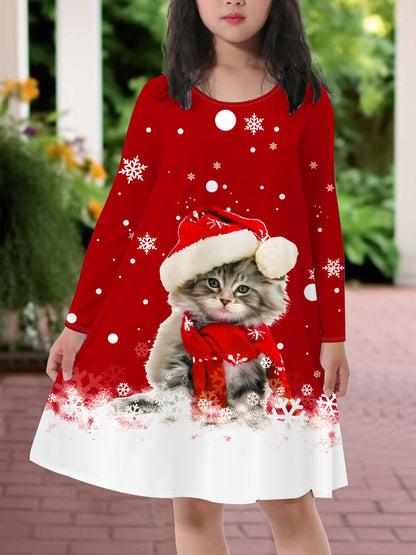 Soft Comfy Long Sleeve Festive Christmas Cat Print Dress For Girls, Holiday Dresses For Spring Fall Everyday, Party, Going Out