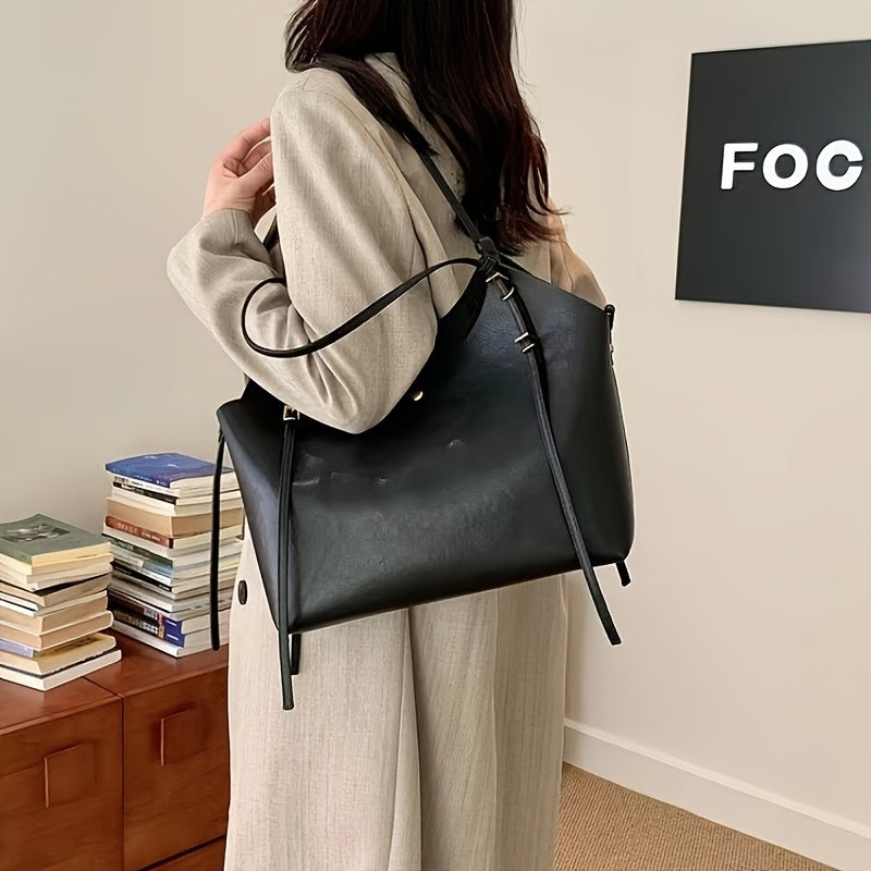 Elegant Vintage Tote Bag for Women  - Large Capacity, Buckle Closure, Removable Strap, Fabric Lining, Edge Paint Detail, Professional Clean, Versatile Shoulder Bag - Baigou Production Area