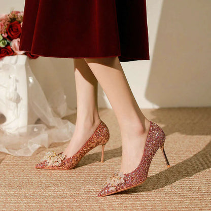 New Elegant High-Grade Wedding Women French Fine Heel Bride Shoes Red High Heels Kq8