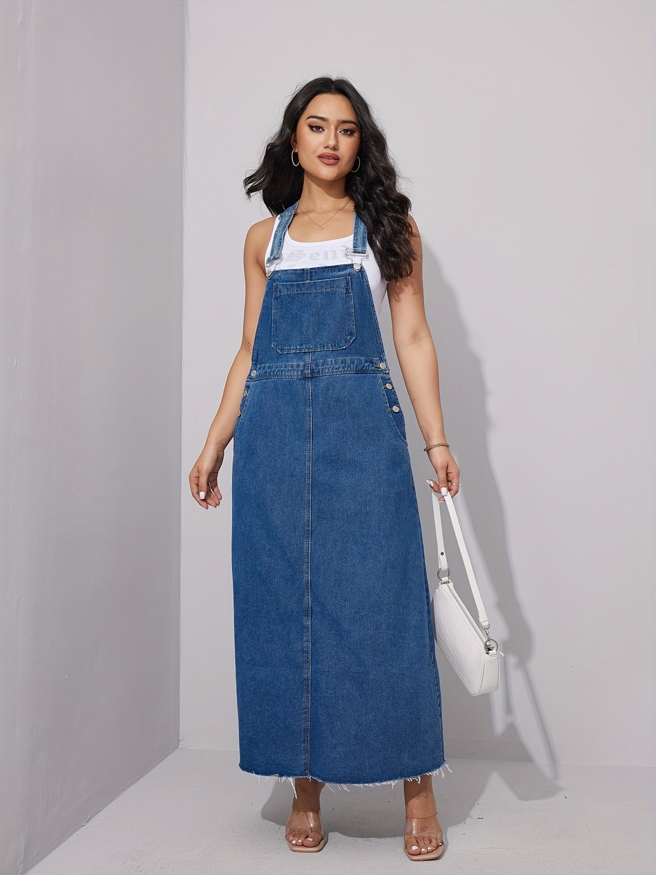 Chic Blue Distressed Denim Overall Dress - Adjustable Straps, Loose Maxi Fit, Stylish Womens Jeans Clothing