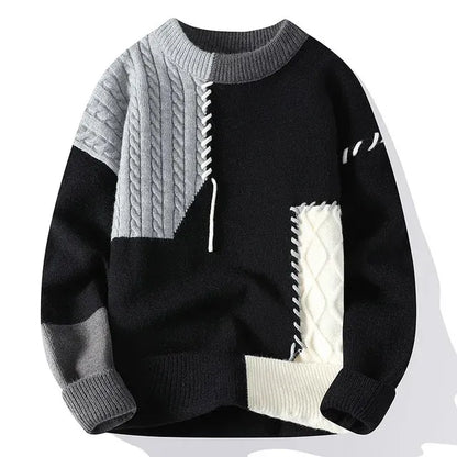 Man Panelled Contrast O-neck Sweater Autumn Winter Vintage Loose Long Sleeves Knitted Pullover Fashion Casual Male Jumper 240111