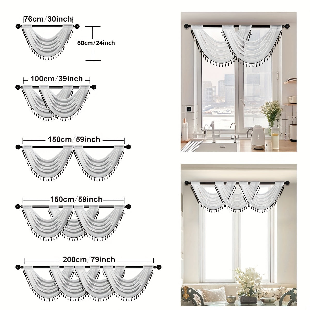 1pc Fashionable Sheer Wave Curtain Valance With Tassels Edge - Light-Transmitting, Rod Pocket, Perfect For Living Room, Bedroom, And Kitchen - 30x24 Inches