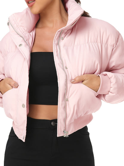 Women's Cropped Quilted Puffer Jacket Long Sleeve Warm Quilted Short Jacket Winter Outerwear Coats