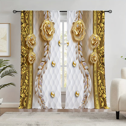 2pcs Modern European Style 3D Curtain Three-dimensional Golden Flower Semi Blackout Curtain For Bedroom Living Room Window Kitchen Office Home Decoration