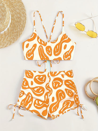 2-Piece Chic Bikini Set with Expressive Pattern - Comfy Criss-Cross & Drawstring Features, Ideal for Beach & Poolside Leisure, Women's Fashion Swimwear