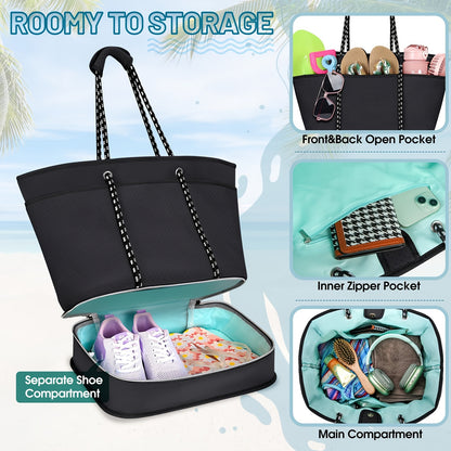 [Fast Arrival] 40L Large Waterproof Sandproof Beach Tote Bag - NUBILY Neoprene Beach Bags For Women With Shoe Compartment and Zipper