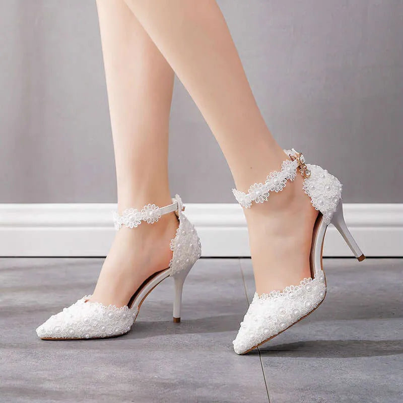 9Cm White Lace Wedding One Word Buckle Strap Thin Heels Pointed Toe Bride Female Sandals Bridesmaid Shoes Kq8