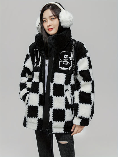 Checkered Pattern Zipper Stand Collar Down Jacket, Casual Long Sleeve Down Jacket For Winter, Women's Clothing