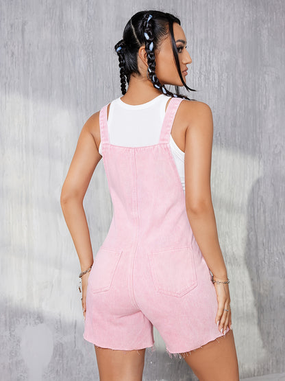 Flirty Pinkish Denim Overalls Romper - Alluring Sleeveless, Adjustable Fit - Stylish Summer Jumpsuit with Button Side Detail