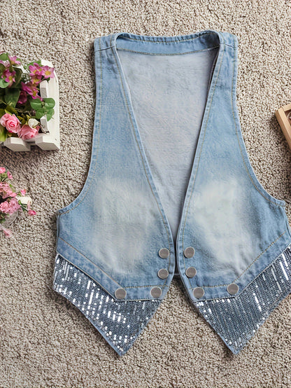 Chic Sequined Sleeveless Denim Vest - Deep V Neck, Slim Fit Crop Top, Casual Women's Fashion for Spring/Fall