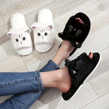 Cute Cartoon Cat Plush Slippers - Ultra Soft, Fuzzy, Warm, Non-Slip, Cozy, Comfy Indoor Bedroom Footwear with Fabric Insole and EVA Sole for Cold Winter Days