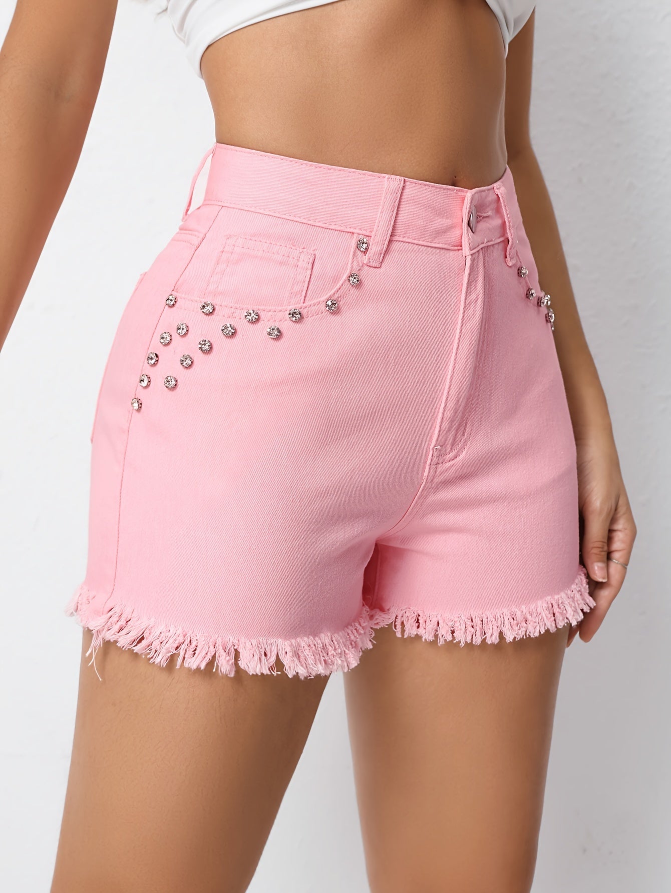 Womens Sparkling Rhinestone Denim Shorts - Distressed Frayed Hem, Stylish Casual Summer Chic, Trendy Hot Pants for a Fashionable Look