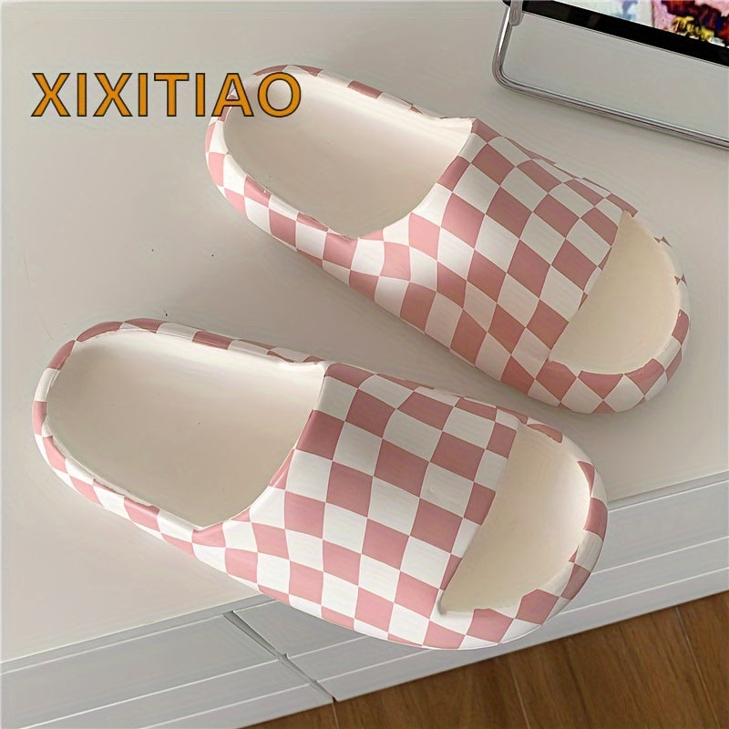 Cozy Plaid Slides - Soft EVA Sole, Comfortable Casual Open-Toe Shoes for Indoor Home Bathroom Use - All-Season, European Special, No Printing, Womens Shoes