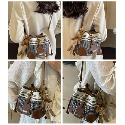 Fashion Bucket Handbag For Women Contrast Color Canvas Crossbody Shoulder Bag With Cute Pendant Casual Messenger Bag