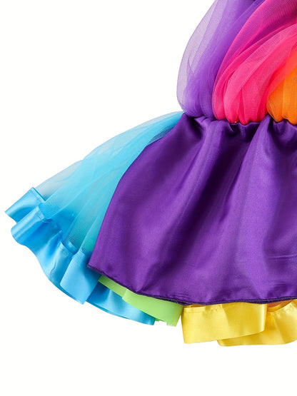 7-Piece Girls' Halloween Rainbow Wing Dress Set with Half Skirt, Accessories, and Mardi Gras Theme