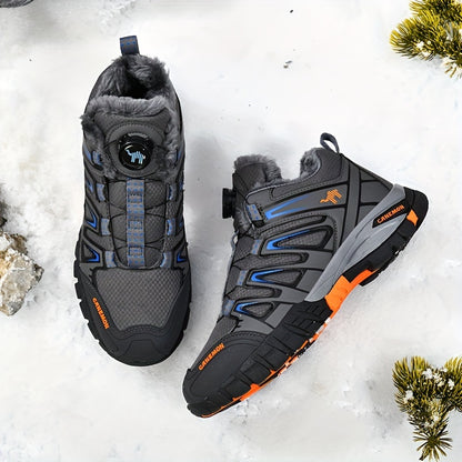 Men's Casual Fuzz Lined Winter Snow Shoes, Anti-skid Windproof Ankle Shoes With Rotary Buckle Design For Outdoor