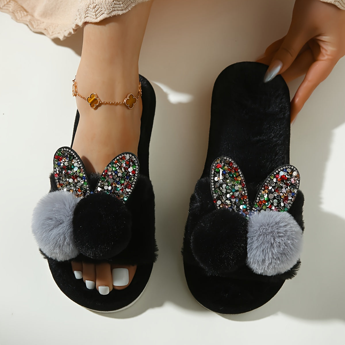 Adorable Bunny Plush Slippers - Open Toe Soft Sole, Fuzzy Flat Shoes for Cozy Indoor Leisure - Anti-Slip, Warm & Breathable - Perfect Winter Home Floor Slippers