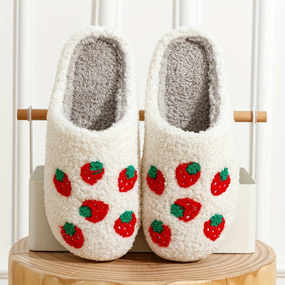 Corduroy Fruit Pattern Plush Slippers - Ultra Soft, Warm, and Comfortable Indoor Shoes with Flannel Insole and TPR Sole for All-Season Wear - Casual, Slide-On Design for Home Relaxation