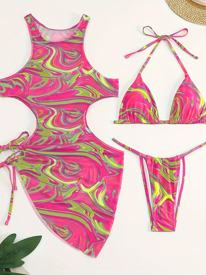 3-Piece Tropical Print Swimsuit Set - High-Stretch, Lace-Up Bikini Top with Tie, High-Waisted Cutout Bottom, Sun Protective Cover-Up Dress, Machine Washable, Polyester Fabric, Knit Construction