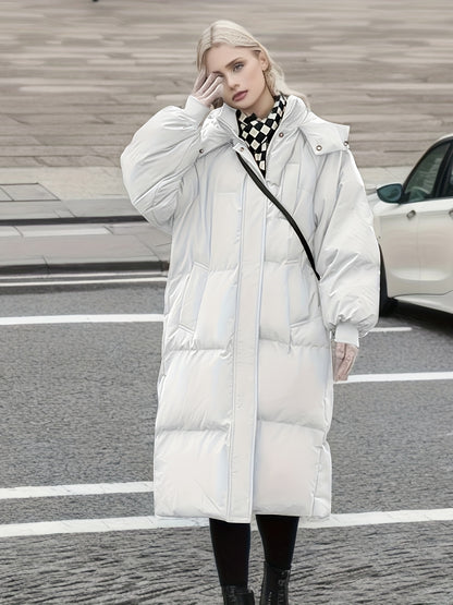 Over-the-knee Thickened Puffer Jacket, Long Sleeve Solid Color Hooded Jacket For Winter Outdoor Sports, Women's Clothing