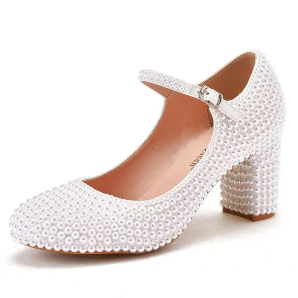 Wedding Pumps Thick Heel Round Head Single Lolita White Pearl Bride Shoe Korean Version Of Girl Princess Shoes Kq8