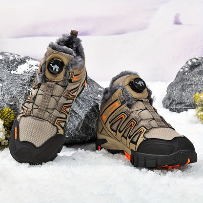 Men's Casual Fuzz Lined Winter Snow Shoes, Anti-skid Windproof Ankle Shoes With Rotary Buckle Design For Outdoor