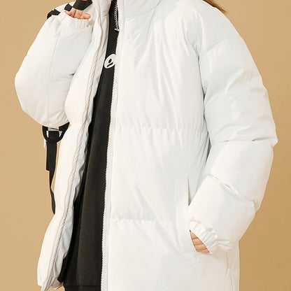 Women's Windproof Thermal Zip Up Thicken Jacket Coat, Solid Color Stand Collar Casual Coat