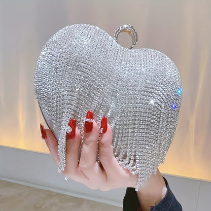 Glamorous Rhinestone Heart Clutch - Sparkling Evening Bag with Tassel Accent - Perfect for Wedding & Party Events - Secure Top Ring Closure