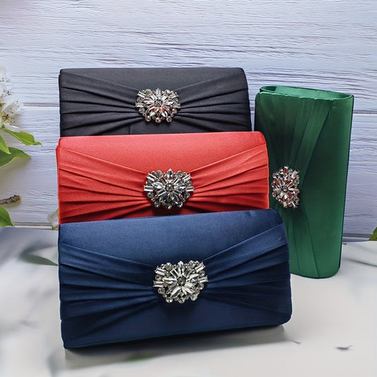 Luxury Evening Clutch Bag - Exquisite Ruched Design, Dazzling Rhinestone Decor, Detachable Chain Strap - Perfect for Women, Ideal for Banquets, Dinner Parties, and Music Festivals