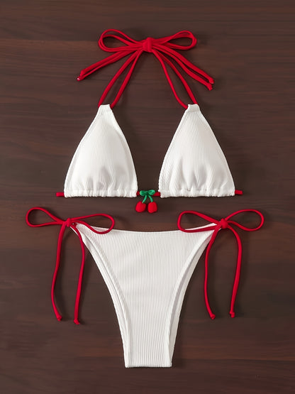 Charming Cherry Triangle Bikini Set - Adjustable Tie Back & Side, Racy Backless, High Cut Swimsuit for Womens Fashionable Beachwear