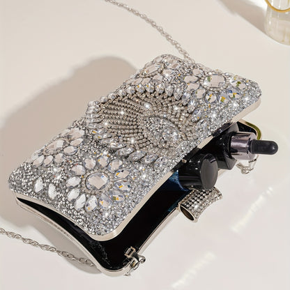 Elegant Silver Rhinestone Evening Clutch – Removable Strap, Buckle Closure, Polyester Lining, Ideal for Bridal and Special Occasions