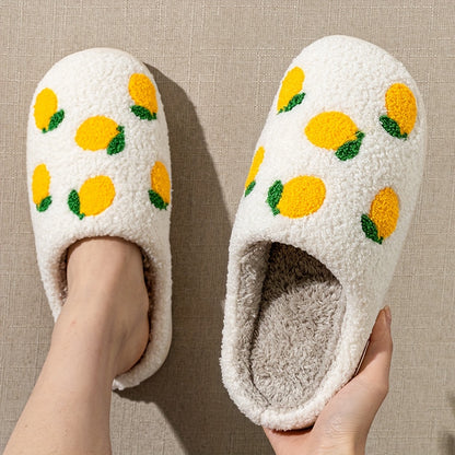 Corduroy Fruit Pattern Plush Slippers - Ultra Soft, Warm, and Comfortable Indoor Shoes with Flannel Insole and TPR Sole for All-Season Wear - Casual, Slide-On Design for Home Relaxation