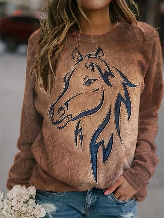 Cozy Horse Print Pullover Sweatshirt - Ultra-Soft and Casual Long Sleeve Crew Neck for Chilly Fall and Winter Days - Exclusively Designed for Womens Everyday Wear