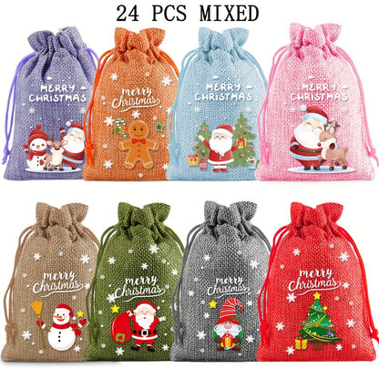 Christmas Burlap Drawstring Gift Bags - Linen Treat Sacks with Holiday Designs, Festive Party Favor Packaging, General Fit Occasion, Set of Assorted Christmas Themes (Santa, Snowman, Tree)