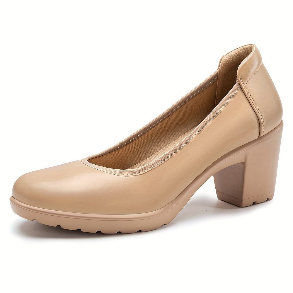 Womens Classic Round Toe Pumps - Cushioned Low Heel, Ultra-Comfortable - Durable Synthetic Leather, Perfect for Work & Dress - Timeless Style