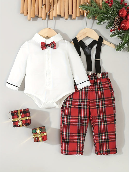 2pcs, Bodysuit With A Bow Tie And Xmas/Black And Grey Plaid Suspenders Pants For Baby Boys, Outdoor Cloth