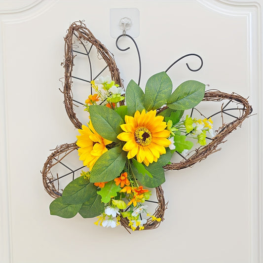 1pc, Spring Wreath, Butterfly Wreath, Sunflower Wreath, For Front Door Decoration, Spring Door Wreath, Spring Farmhouse Wreath, Mother's Day Wreath, Spring, Butterfly, Spring Decoration, Wreath, Autumn Door Decoration, Thanksgiving Wreath