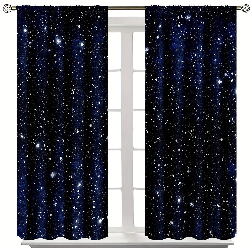 2pcs Galaxy Shining Stars Curtains, Rod Pocket Outer Space Starry Sky Star Printed Curtains, Window Drapes For Living Room Kitchen Bedroom Home Decor