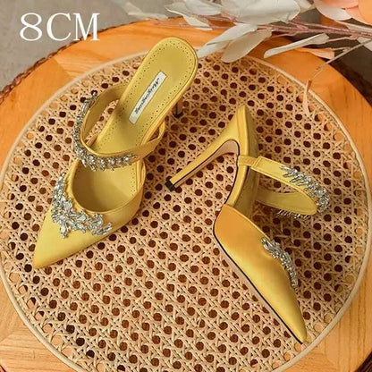 Crystal Slipper Mueller Shallow Mouth Pointed Silk Rhine-Drill High White Slender Heels Wedding Shoes Kq8