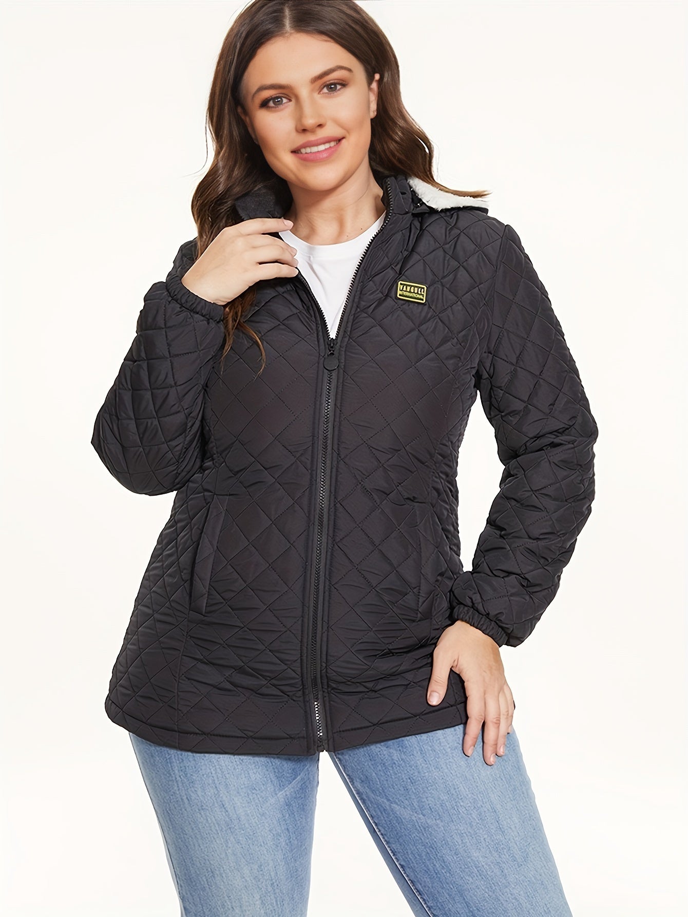 Full Zip Long Sleeve Quilted Down Jacket, Casual Hooded Dual Pockets Down Jacket For Fall & Winter, Women's Clothing