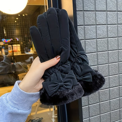 Women's Winter Touchscreen Gloves - Thick, Warm Velvet-Lined With Bow Detail For Cycling & Skiing