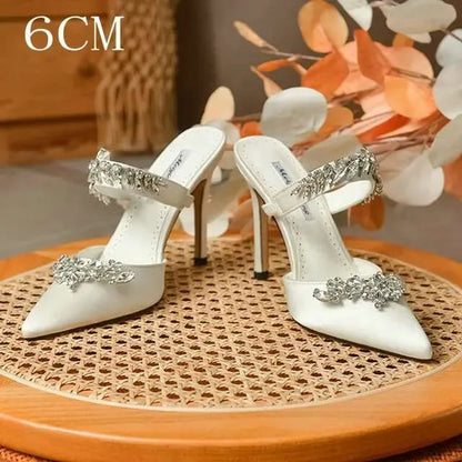 Crystal Slipper Mueller Shallow Mouth Pointed Silk Rhine-Drill High White Slender Heels Wedding Shoes Kq8