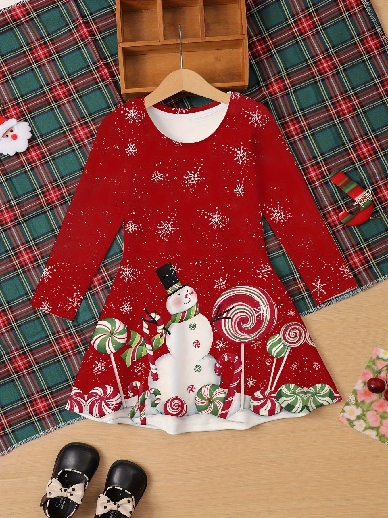 Christmas Themed Children's Long Sleeve Dress - Polyester 100%, Street Style, Knee High, Applique Detail, Tunic Fit, A-Line, Knit Fabric, Slight Stretch, for Ages 2-13, Red and Blue Options with Snowflake and Candy Patterns