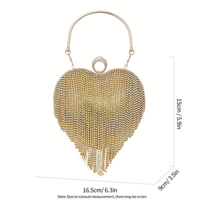 Glamorous Rhinestone Heart Clutch - Sparkling Evening Bag with Tassel Accent - Perfect for Wedding & Party Events - Secure Top Ring Closure