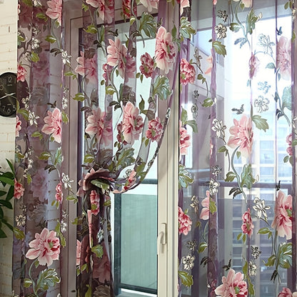 1PC Luxury Classical Window Curtain - Purple and Yellow Flower Tulle Sheer 3D Design, Elegant Home Textile for Living Room and Bedroom Decor