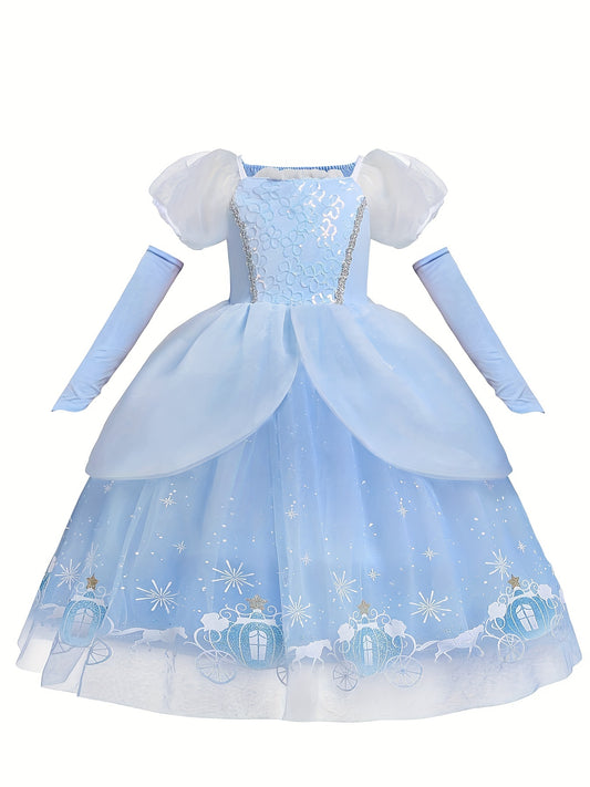 Fairy Tale Princess Dress & Sleeves Set, Girl's Pumpkin Wagon Print Puff Sleeve Mesh Dress, Dress Up Outfits For Christmas Halloween Party Birthday Performance, As Gift