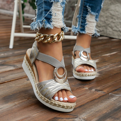 Womens Fashionable Single Tone Wedge Sandals - Stylish Adjustable Buckle, Comfortable Platform, Secure Ankle Strap - Lightweight Casual Walking Shoes for Summer