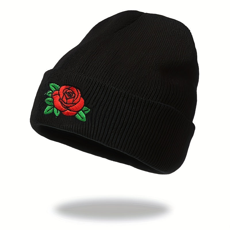 1pc Embellished Rose Windproof Knit Beanie Hat - Unisex Winter Autumn Headwear - Soft, Warm, and Stylish Gift Idea for Men and Women