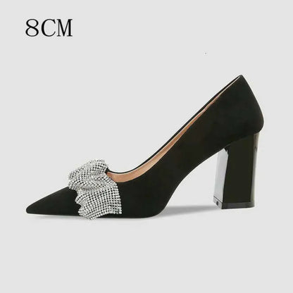 New Rhinestone Pumps Crystal High Heels Black Pointy Thick With Professional Work Interview Women's Single Shoes Kq8